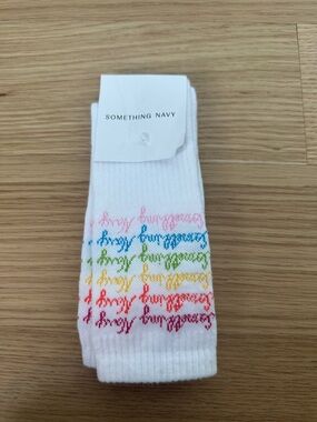 Something Navy White Crew Socks with Rainbow Script